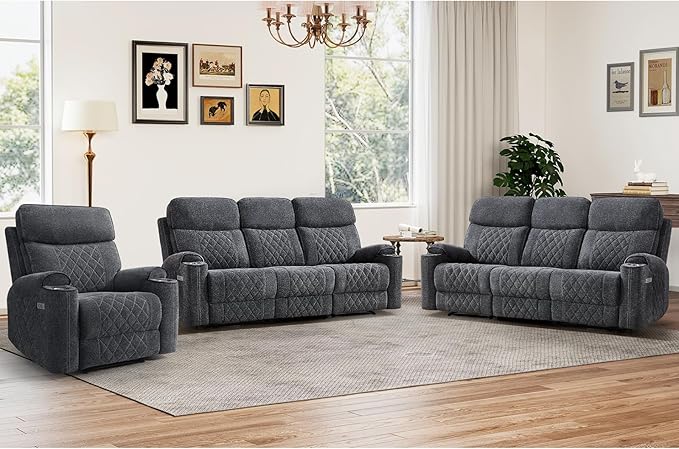 HAOMARKETS 3-Piece Power Recliner Sofa Set with Charging Port, Include Single Power Recliner Chair and 2 Electric 3-Seater Recliner Couches with Cup Holders for Living Room, Dark Grey