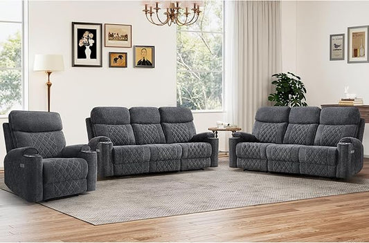 HAOMARKETS 3-Piece Power Recliner Sofa Set with Charging Port, Include Single Power Recliner Chair and 2 Electric 3-Seater Recliner Couches with Cup Holders for Living Room, Dark Grey