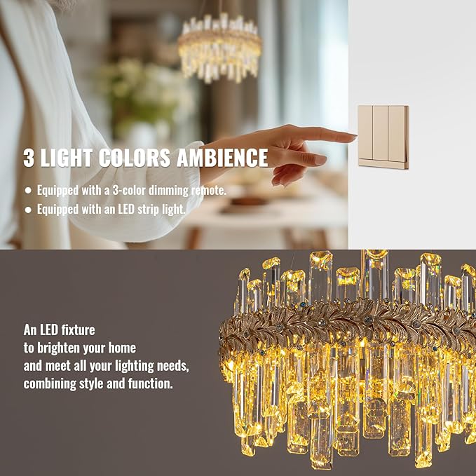 Luxury Crystal Chandeliers for Dining Room,14.9“ Gold K9 Crystal Chandelier,Adjustable Pendant Ceiling Light Fixture with Leaf-Edge for Living Room Foyer Entryway (Brass Gold 3, D15 H10)