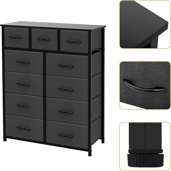 AZL1 Life Concept 11-Drawer Dresser, Fabric Storage Tower for Bedroom, Living Room, Large Tall Dressers for Bedroom with Wooden Top and Metal Frame, Bedroom Dressers & Chests of Drawers, Dark Grey