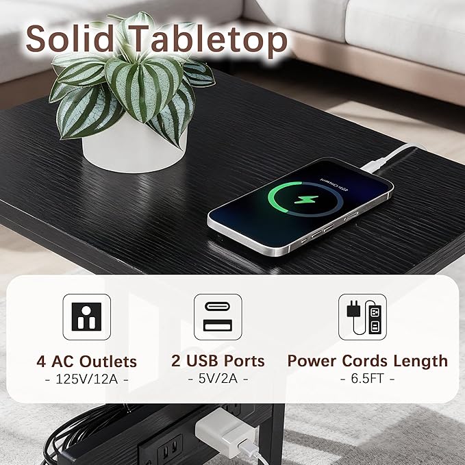 VECELO C-Shaped End Side Table with Charging Station & 2 USB Ports and Outlets for Living Room, Bedroom, with Adjustable Feet for Couch Sofa, Bedside, Small Spaces， Black