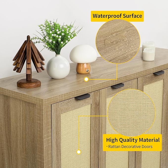 Rattan Sideboard Buffet Credenza Cabinet - Large Farmhouse Kitchen Coffee Bar Cabinet with 4 Rattan Door Storage for Entryway Living Room, 55" x 15" x 31.5" (Natural)