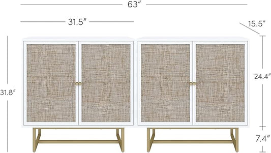 Nathan James Kova Rattan Wood Accent Natural Sideboard Storage Cabinet TV Stand with Matte Metal Frame, Adjustable Shelves and Cane Doors, for Hallway, or Living Room, White/Cane/Brass, Set of 2