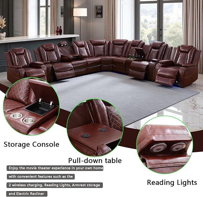 A Ainehome Leather Power Recliner Sectioanl Sofa Set, Living Room Furniture Sets, Power Reclining Sofa, Loveseat and Chair with USB Chargers/Cup Holder for Living Room/Office(A-Brown)