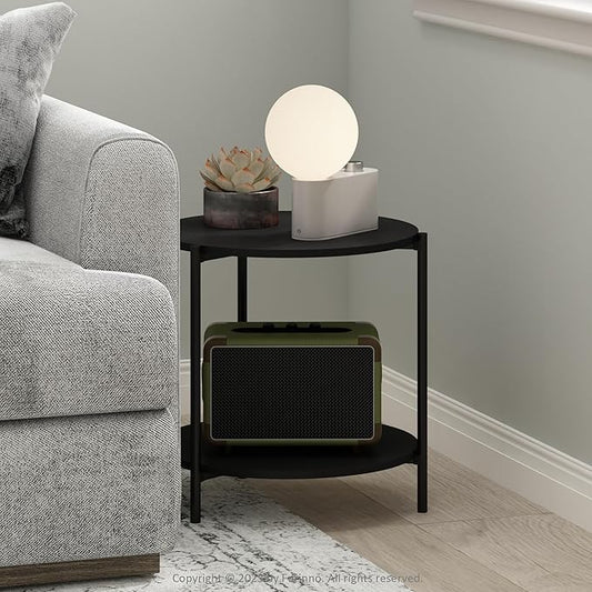 Furinno Besi 2-Tier Modern Round Side End Table with Sturdy Metal Legs, 15.55 (W) x 10.58 (H) x 5.46 (D) inches, Americano