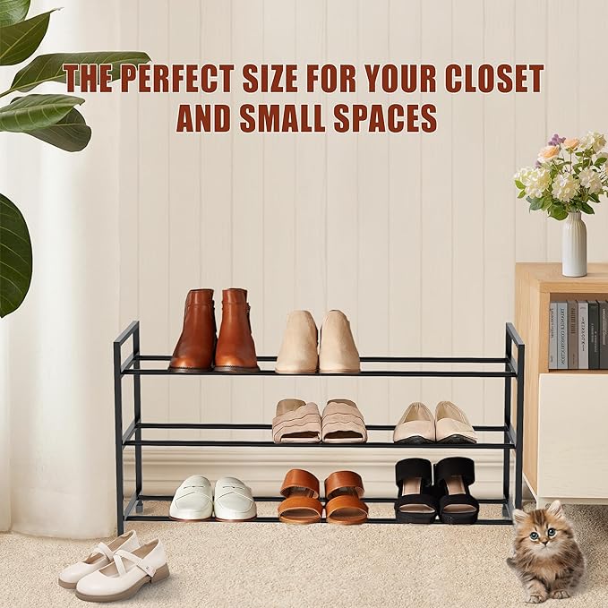 3-Tier Shoe Rack Storage Organizer for Closet, Small Space, Front Door, Sturdy Metal, Black