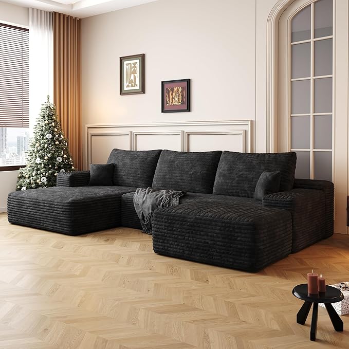 107" U Shaped Cloud Corduroy Couch with Ottoman, Comfy Sectional Boneless Couches for Living Room Bedroom, Deep Seat Sleeper Compression Sofa, No Assembly, Left Facing Chaise, Black