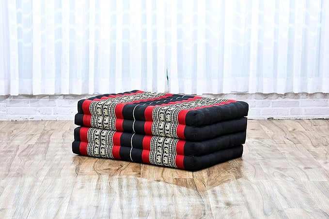Leewadee Trifold Mattress Standard – Comfortable Thai Massage Pad, Foldable Floor Mattress Filled with Kapok, Perfect to Use as a Sleeping Mat 79 x 28 inches, Black Red