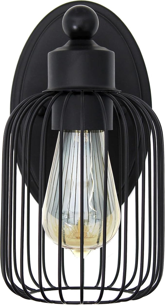 Elegant Designs SC1001-BLK 10.5" Industrial Farmhouse Metal Birdcage Wall Sconce with Matching Metal Oval Backplate Wall Mounted, Black