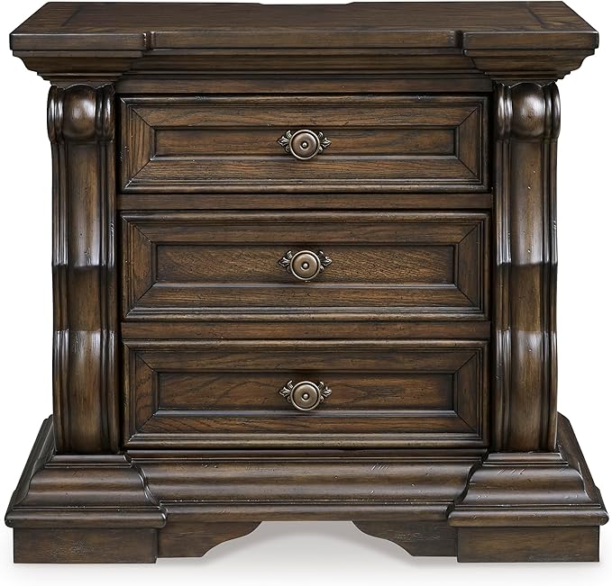 Signature Design by Ashley Maylee Classic 2 Drawer Nightstand with Pull-Out Tray, Power Supply and USB Ports, 29.5" Tall, Dark Brown