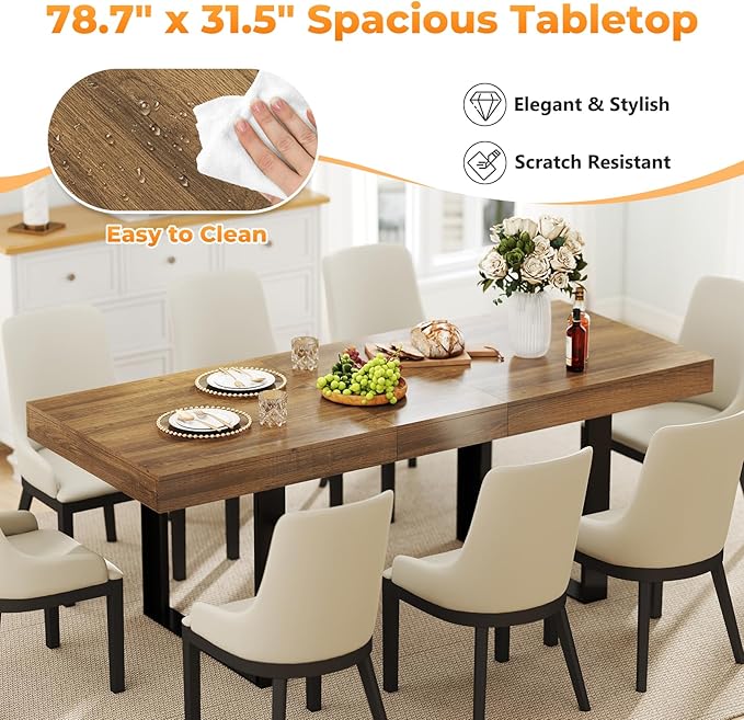63"-78.7" Expandable Dining Table, 6-8 Extendable Dining Table, Rectangle Conference Table, Farmhouse Kitchen Table with Slide Track, Tapered U-Shaped Wood Legs for Office, Living Room-Brown