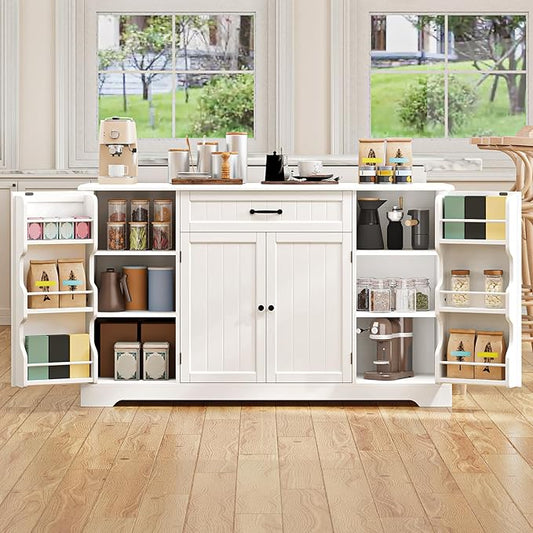 Gizoon 56" Kitchen Coffee Bar Cabinet with Storage Kitchen Sideboard Buffet Cabinet with Drawers, Short Pantry with Door and Shelves for Bathroom and Living Room, White