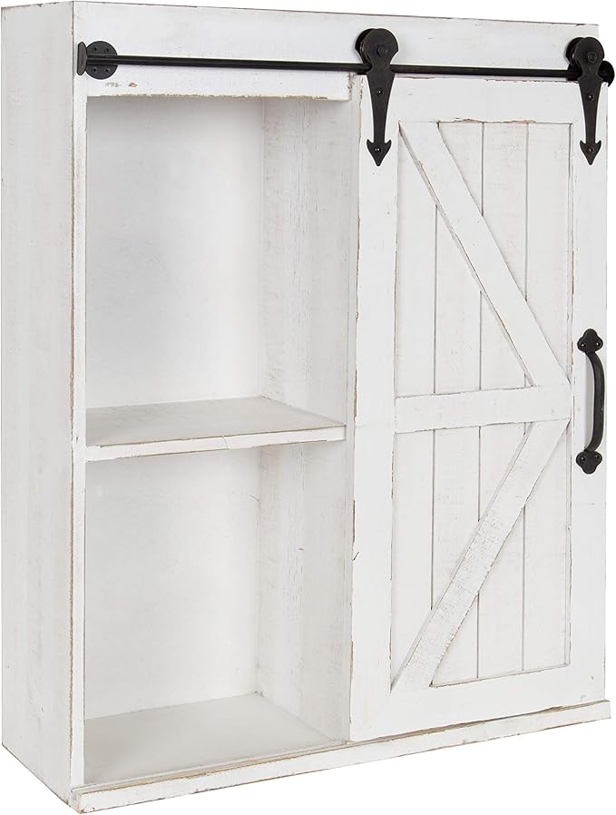 Kate and Laurel Cates Modern Farmhouse Decorative Wood Wall Storage Shelving Cabinet with Sliding Barn Door, Rustic White