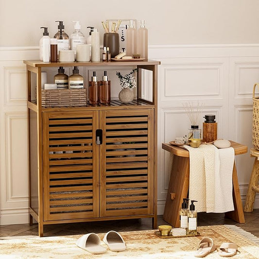 HITNET Walnut Bathroom Floor Cabinet, Bamboo Side Tall Storage Organizer, Freestanding Kitchen Cupboard with Door and Shelf