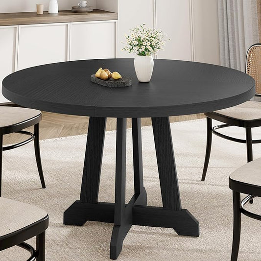GarveeHome Round Dining Table for 4, 47 Inches Dining Room Table with Wooden Base, Kitchen Table with Circle Tabletop, Dinner Table for Dining Room, Kitchen, Living Room, Black