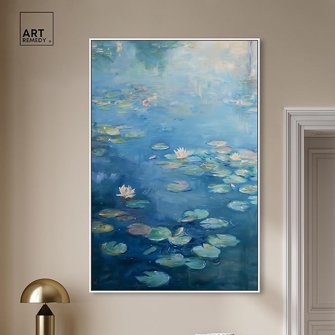 Art Remedy Lilypads In Blues Framed Impressionism 1 Piece Canvas Wall Art/Monet And Van Gogh Inspired Art, 37" x 55", White Frame