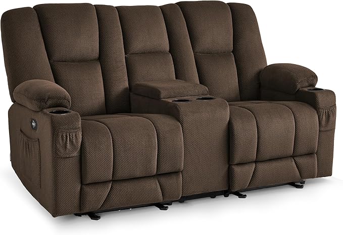 MCombo Zero Gravity Power Loveseat Sofa with Console, Heat and Massage, Reclining Loveseat for Living Room, Fabric 6035SET (Brown, Loveseat with Console)