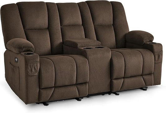MCombo Zero Gravity Power Loveseat Sofa with Console, Heat and Massage, Reclining Loveseat for Living Room, Fabric 6035SET (Brown, Loveseat with Console)