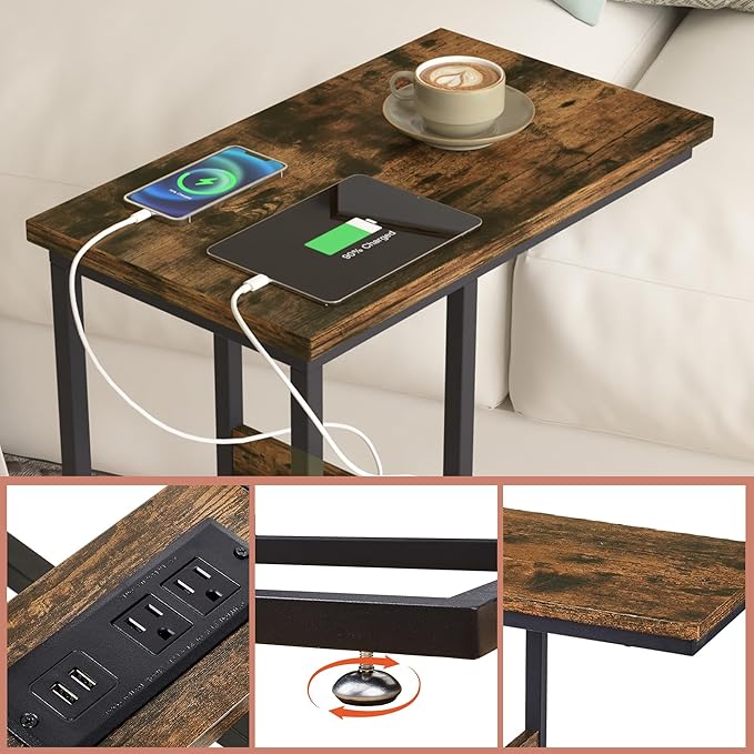 VECELO C-Shaped End Side Table Set of 2 with Charging Station & Two USB Ports and Outlets for Living Room, Bedroom, with Adjustable Feet for Couch/Sofa, Bedside, Small Spaces， Brown, 2