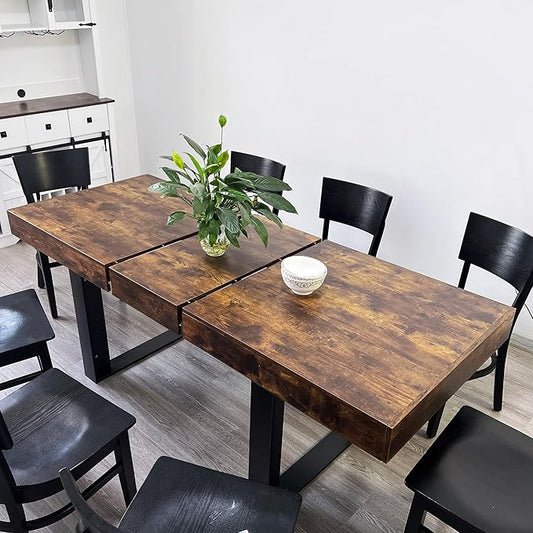 63" - 79" Extendable Dining Room Table, Expandable Kitchen Table for 6 to 10 People, Modern Wood Conference Table, Large Farmhouse Dining Table(Rustic Brown & Black, Double-U Base)