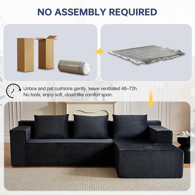 HonTop 103” L-Shaped Modular Sectional Sofa with Chaise, Boneless Comfy Corduroy Fluffy Couch with Deep Seat, Flexible Module Combination for Living Room, No Assembly, Black Right | Friendly Size, Flexible Modular, Family Pet-Friendly, Soft Corduroy, S...