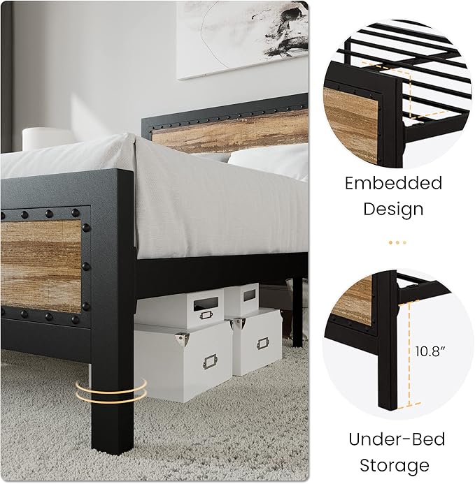 SHA CERLIN Heavy Duty Full Size Bed Frame, Metal Platform Base with Rivet Wooden Headboard Footboard, 13 Strong Steel Slats Support, No Box Spring Needed, Mattress Foundation