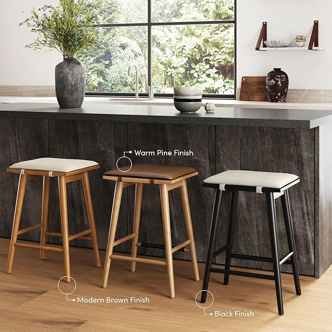 Nathan James Barker Counter Height Solid Wood Barstool with Upholstered Cushion, Backless Island Stool with Rubberwood Legs and Natural Textured Linen Upholstery for Kitchen, Black/White