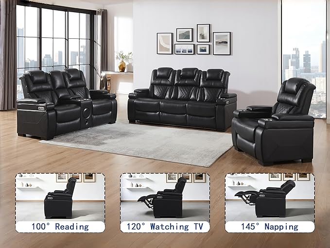 THSUPER Power Breathable Leather Reclining Sofa Set with 7-Color LED Light, Living Room Recliner Couch with Adjustable Headrest/Reading Light/USB Port/Wireless Charing/Bluetooth Speaker, Black