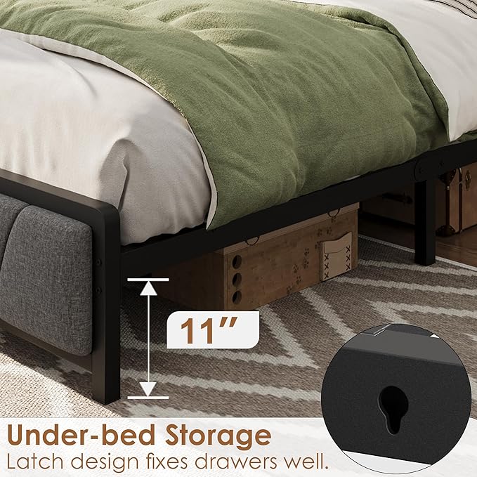 GAOMON King Size Bed Frame with 2 Storage Drawers and Charging Station, Rustic Linen Upholstered Platform Bedframe with Storage Headboard, No Box Spring Needed, Easy Assembly, Noise Free, Grey