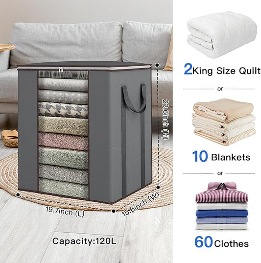 Fixwal Extra Large Blanket Storage Bags 120L 2 Pack Comforter Storage Bags with Reinforced Handles Breathable Clothes Storage Containers for King Comforter Bedding Pillow Sheet Grey