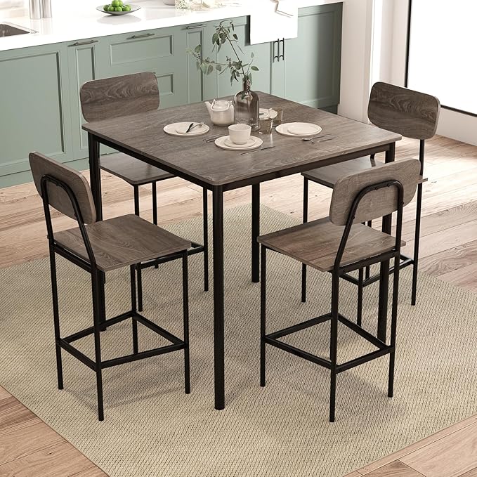 GOFLAME 5-Piece Dining Table Set for Small Space, Kitchen Table and Chairs Set for 4 with Steel Frame, Square Breakfast Table Set, Industrial Counter Height Table Set for Home Restaurant, Grey Oak