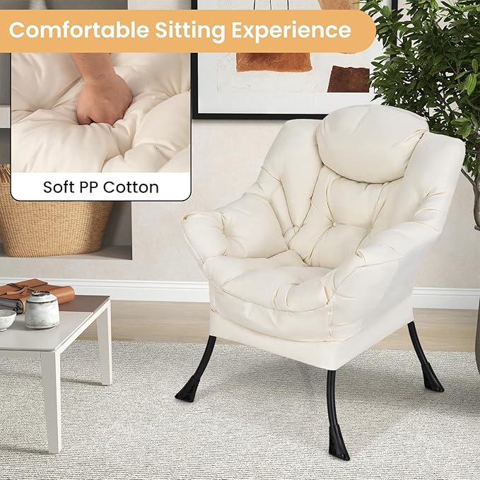 GORELAX Modern Lazy Chair,Upholstered Lounge Accent Chair, Single Leisure Sofa Chair with Armrests & Side Pocket, Comfy Reading Chair for Bedroom, Living Room, Dorm Room (Beige)
