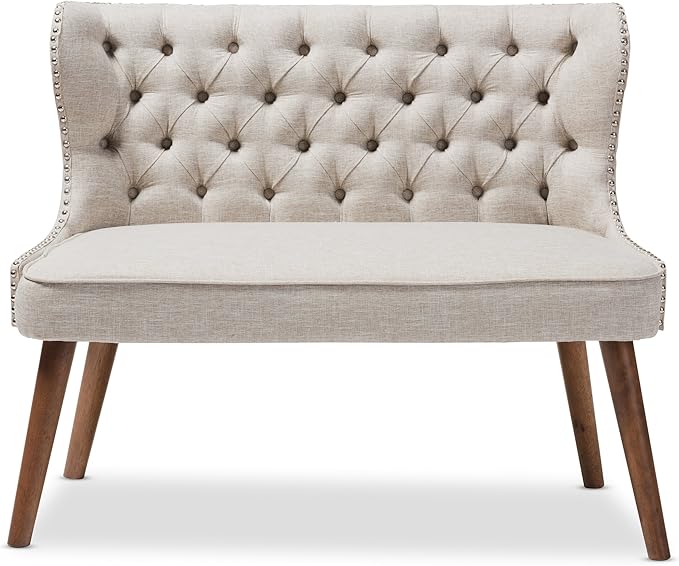 Baxton Studio Sydney Walnut Wood Button-Tufting with Nailheads Trim 2-Seater Loveseat Settee, Light Beige
