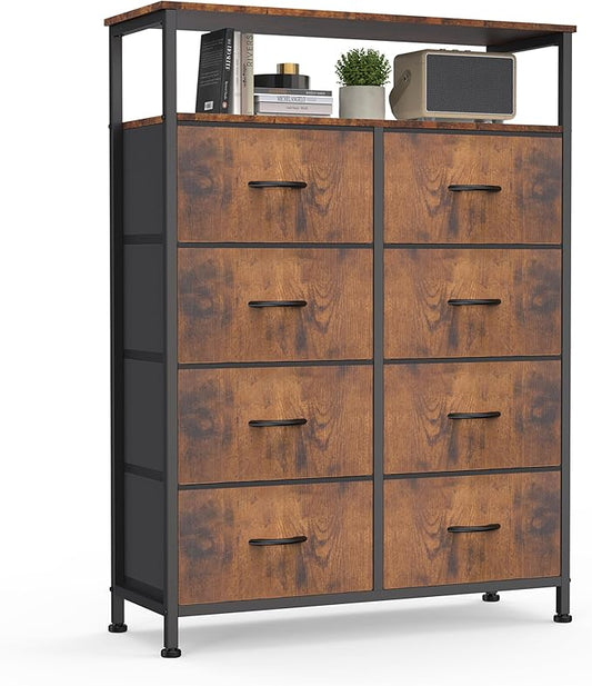 DUMOS Fabric Dresser for Bedroom with 8 Drawers, Tall 8-Drawer Chest of Drawers with Raised Shelf, Storage Tower with Fabric Bins for Closet Organization, Hallway Storage, Brown