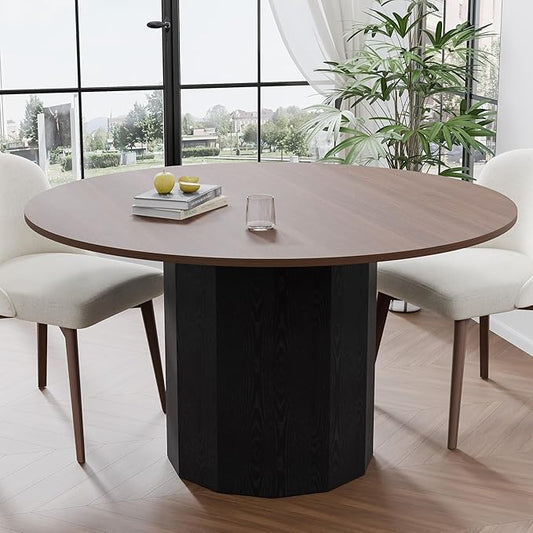 Casaphoria 52" Round Dining Table for 6, Two-Tone Walnut Wood Top and Black Pedestal Base, Modern Farmhouse Style, Dining Table Only