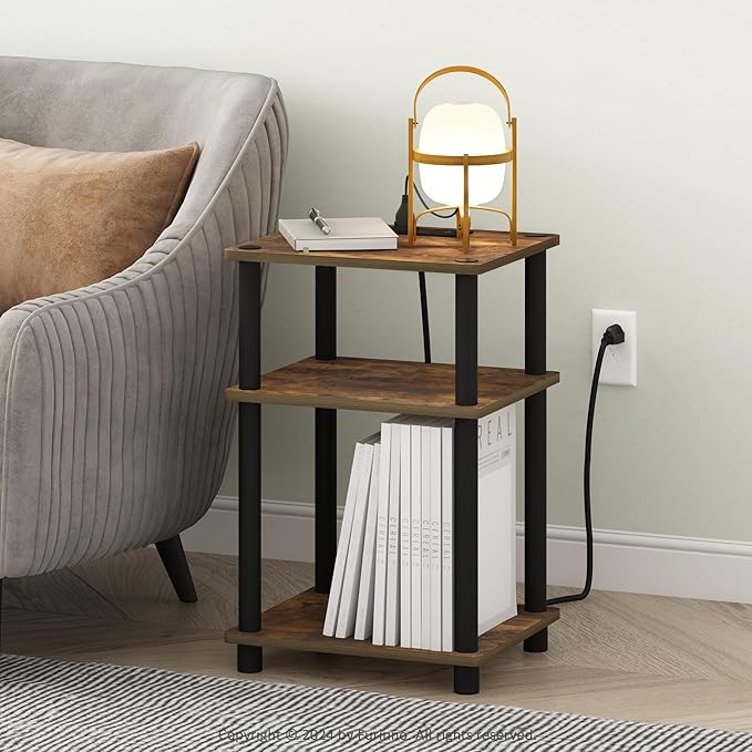 Furinno JUST Side Table, 3-Tier Modern End Table with Charging Station, Easy Assembly Night Stand, Bedside Table with USB and Type-C Charging Port, for Living Room, Bedroom, Amber Pine