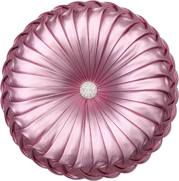 EUCIOR Round Throw Pillows,Blush Pink Throw Pillow,Soft Spandex Fabric,Pumpkin Pleated Handmade Pink Metallic Round Decorative Pillow for Sofa Bedroom Livingroom