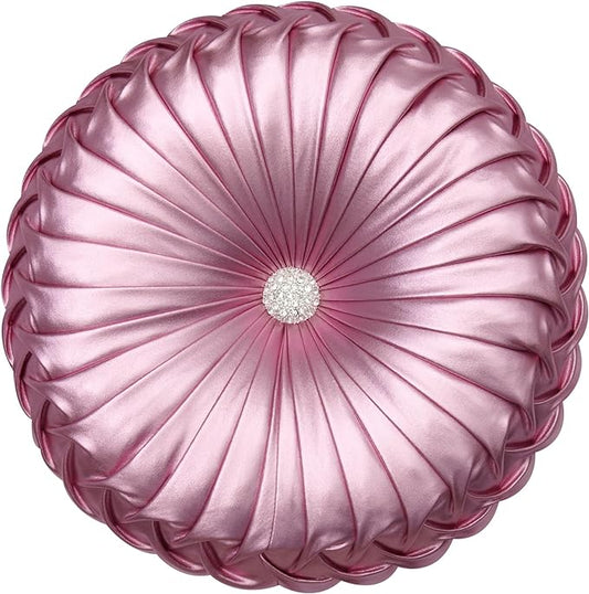 EUCIOR Round Throw Pillows,Blush Pink Throw Pillow,Soft Spandex Fabric,Pumpkin Pleated Handmade Pink Metallic Round Decorative Pillow for Sofa Bedroom Livingroom