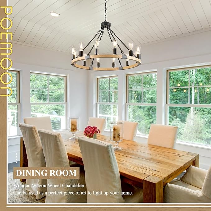 31.5'' 12 Lights Wooden Wagon Wheel Chandelier Natural Farmhouse Wood Round Chandelier Black Rustic Light Fixture for Living Dining Room Entryway Foyer Kitchen