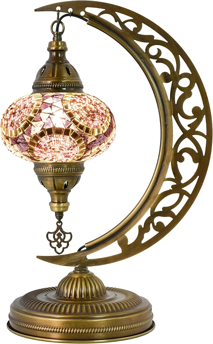 Mozaist Turkish Mosaic Moon Shape Table Lamp, Moroccan Vintage Crescent Bohemian Handmade Bedside Light, Rustic Dining Room, Study Room, Office Decorative Lighting, Unique Turkish Gift (Lavender)