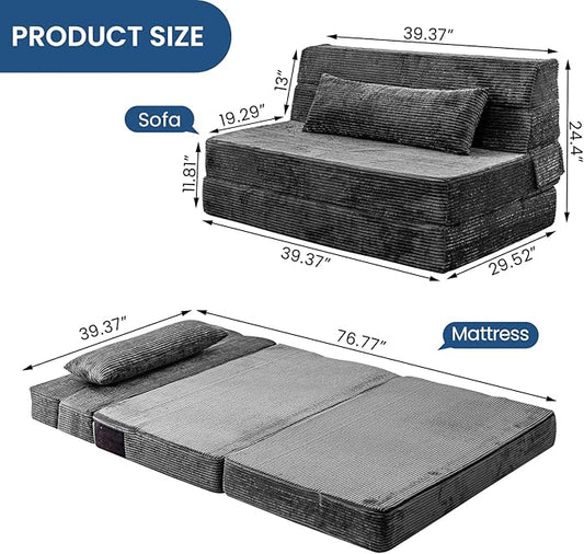 Cvortll Folding Sofa Bed, Convertible Sleeper Chair with Pillow, High Density Memory Foam Fold Out Couch, Foldable Mattress Futon Sofa for Living Room/Dorm/Guest Use/Apartment/Home Office