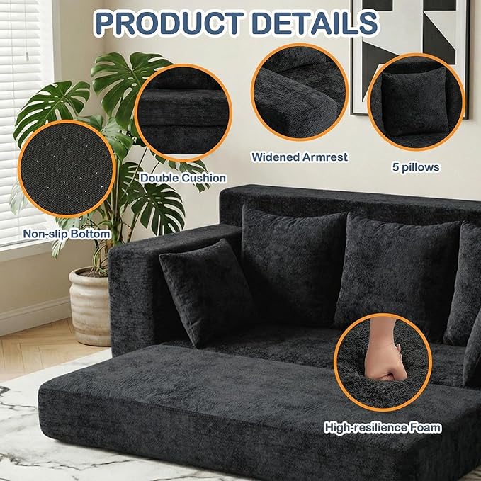 Boneless Couches 70", 3 Seater Boneless Couch with Pull Out Sofa Bed, Black Boneless Couch with 5 Pillows, Plush Velvet Sofa for Living Room & Bedroom