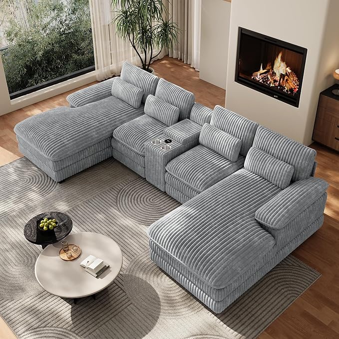 133" Oversized U Shaped Cloud Couch Modular Sectional Couches for Living Room Comfy Corduroy Deep Seat Sofa Set with Double Chaise Lounge, Storage Central Console, Cup Holders, USB Port, Grey
