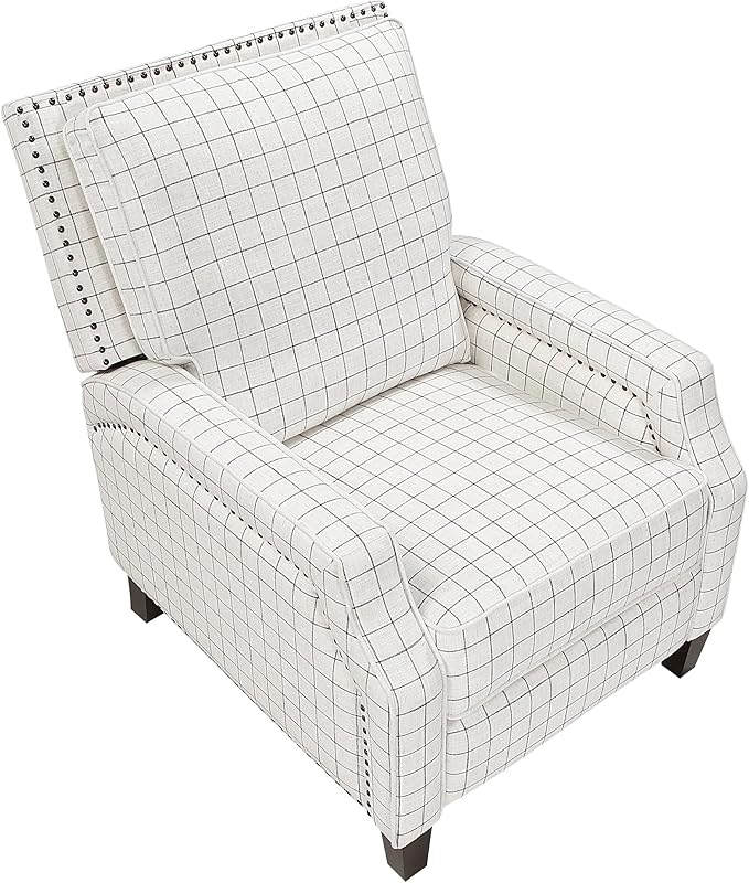 Lexicon Pushback Recliner Chair, Plaid Textured Fabric Armchair Push Back Reclining Chair, Nailhead Trim, Solid Wood Legs, Easy Assembly for Living Room/Office/Apartment, Off-White