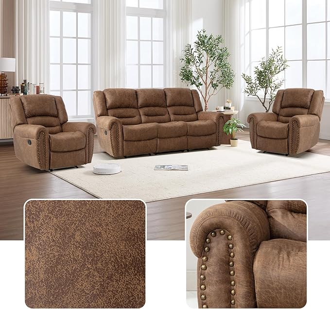 EBELLO Manual Recliner Sofa Set, Faux Leather Reclining Living Room Set, Included Two Single Recliner Chairs and One 3-seat Manual Sofa, Vintage Rivet Mid-Century Design for Living Room, Brown