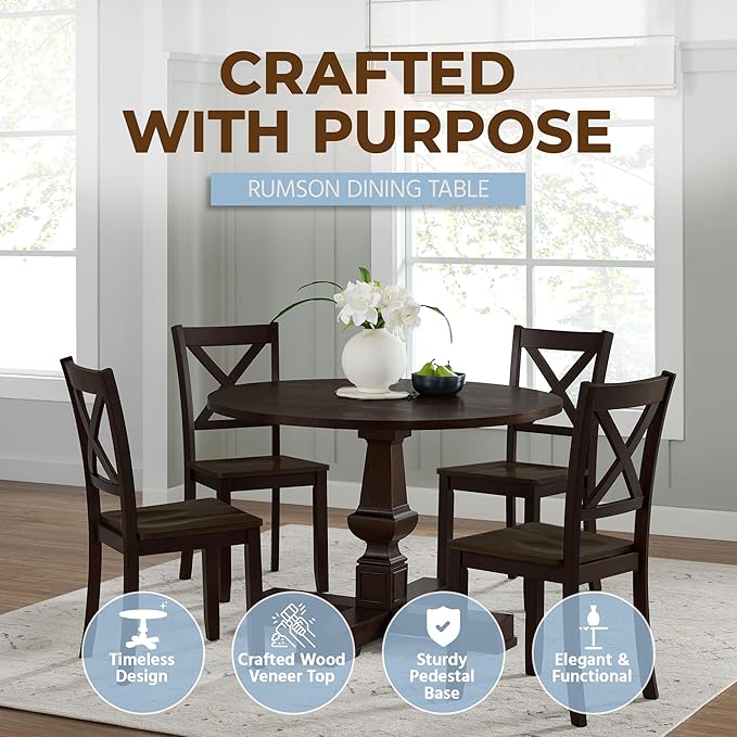 ROME + OAK Rumson Modern Dining Table, 44-Inch Round Tabletop with Sturdy Pedestal Base, Dark Brown - Natural Wood Furniture Piece for Homes