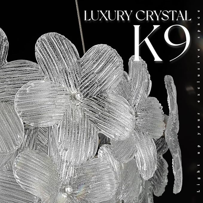 Flower LED Crystal Chandelier 20'' Modern Black Flush Mount Dimmable Chandelier Light Fixture with Remote Control for Dining Room Entryway Kitchen Bedroom(3000K-6500K)