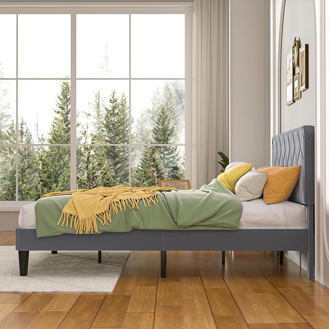 VECELO Full Size Bed Frame Premium Velvet Upholstered Platform with Height Adjustable Headboard/Mattress Foundation, Solid Wooden Slat Support, No Box Spring Needed/Easy Assembly