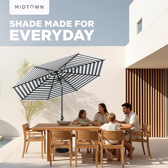 Midtown Umbrellas - 10-Year-No-Fade 10 Ft Patio Umbrella with Terylast Fabric, Auto-Tilt Aluminum Frame and 8 Reinforced Ribs for Deck, Pool, Garden & Beach - Grey/White Stripes Canopy, Black Pole