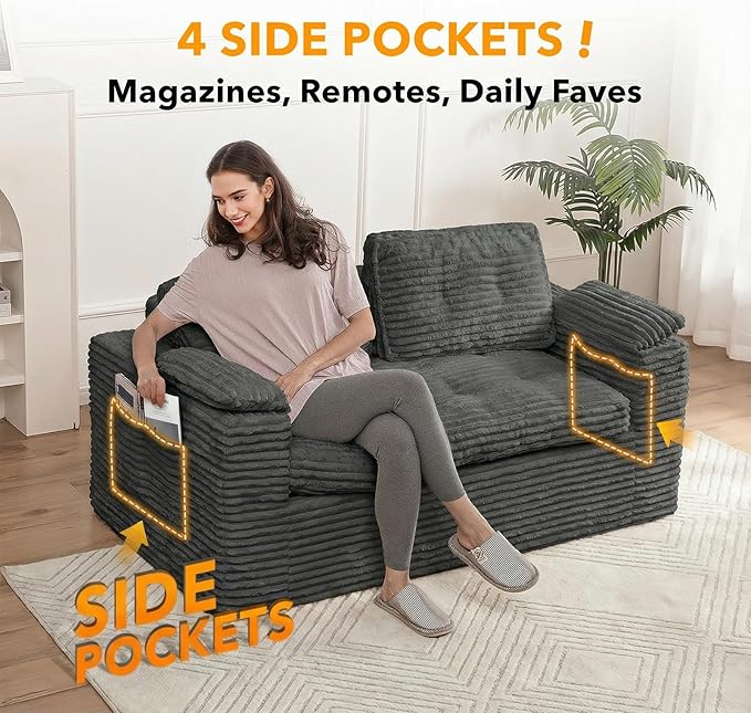 Loveseat Sofa, Boneless Cloud Couch for Living Room 2 Seater Modern Lounge Sleeper Couch with Removable Cover Corduroy Sofa with Armrest, Seat Cushion & Pillows for Small Spaces, Dark Grey